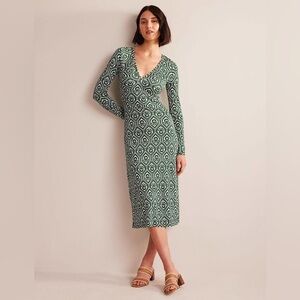 NWT Boden Viscose v-neck green printed midi‎ dress size 8